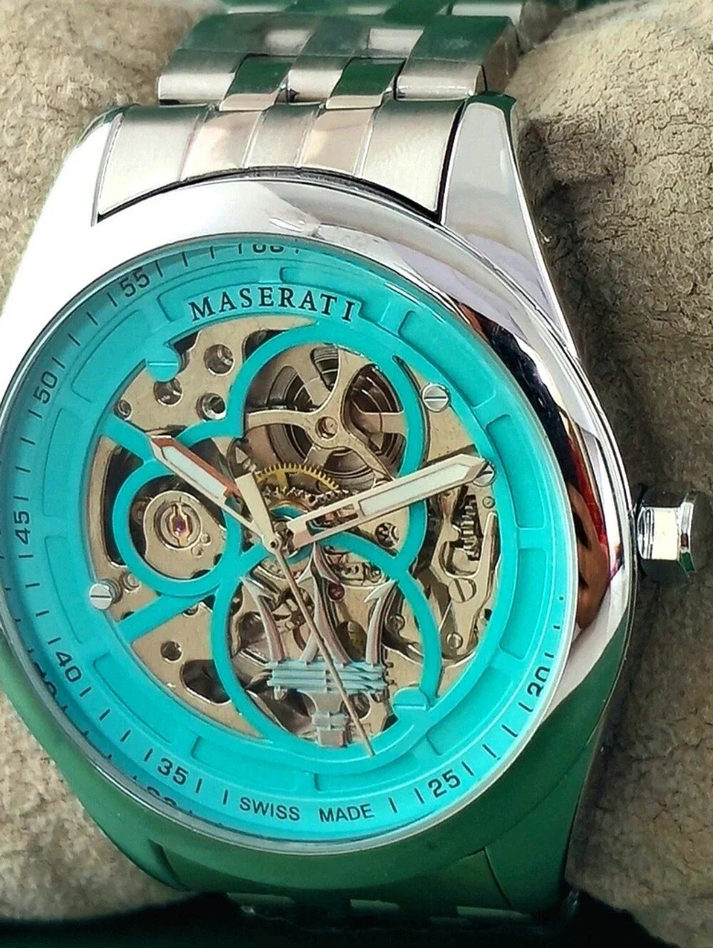 Maserati Skeleton Dial Stainless Steel Watch - Turquoise Accents Refurbished